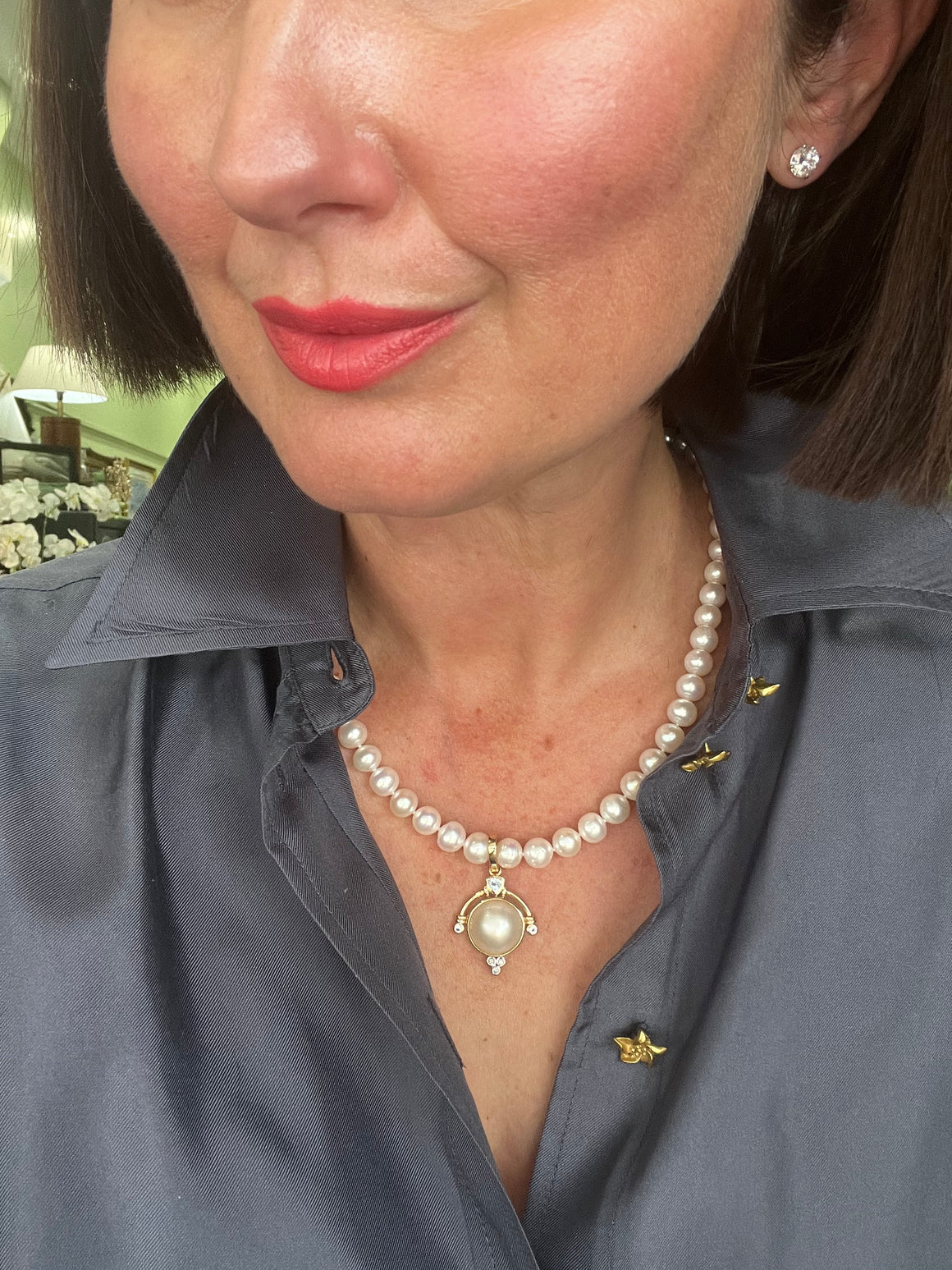 Mabe Pearl, Diamond and Topaz Enhancer in Yellow Gold