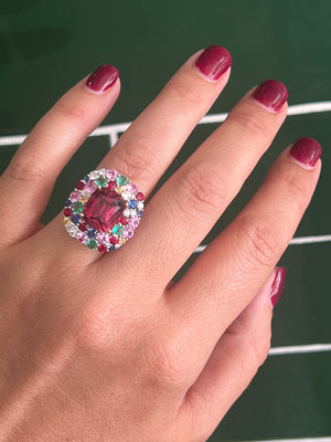 Rubylite, Diamond, Sapphire, Emerald and Ruby Ring in 18ct White Gold