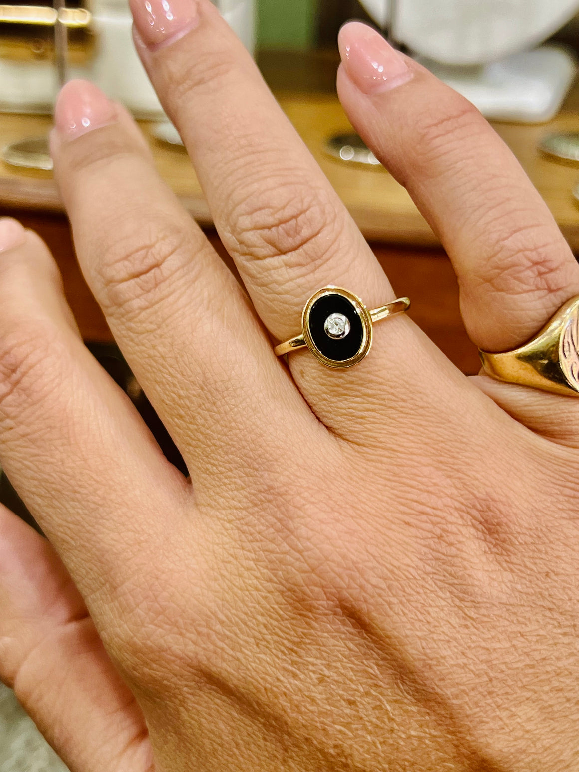 Onyx and Diamond Ring in 9ct Yellow Gold