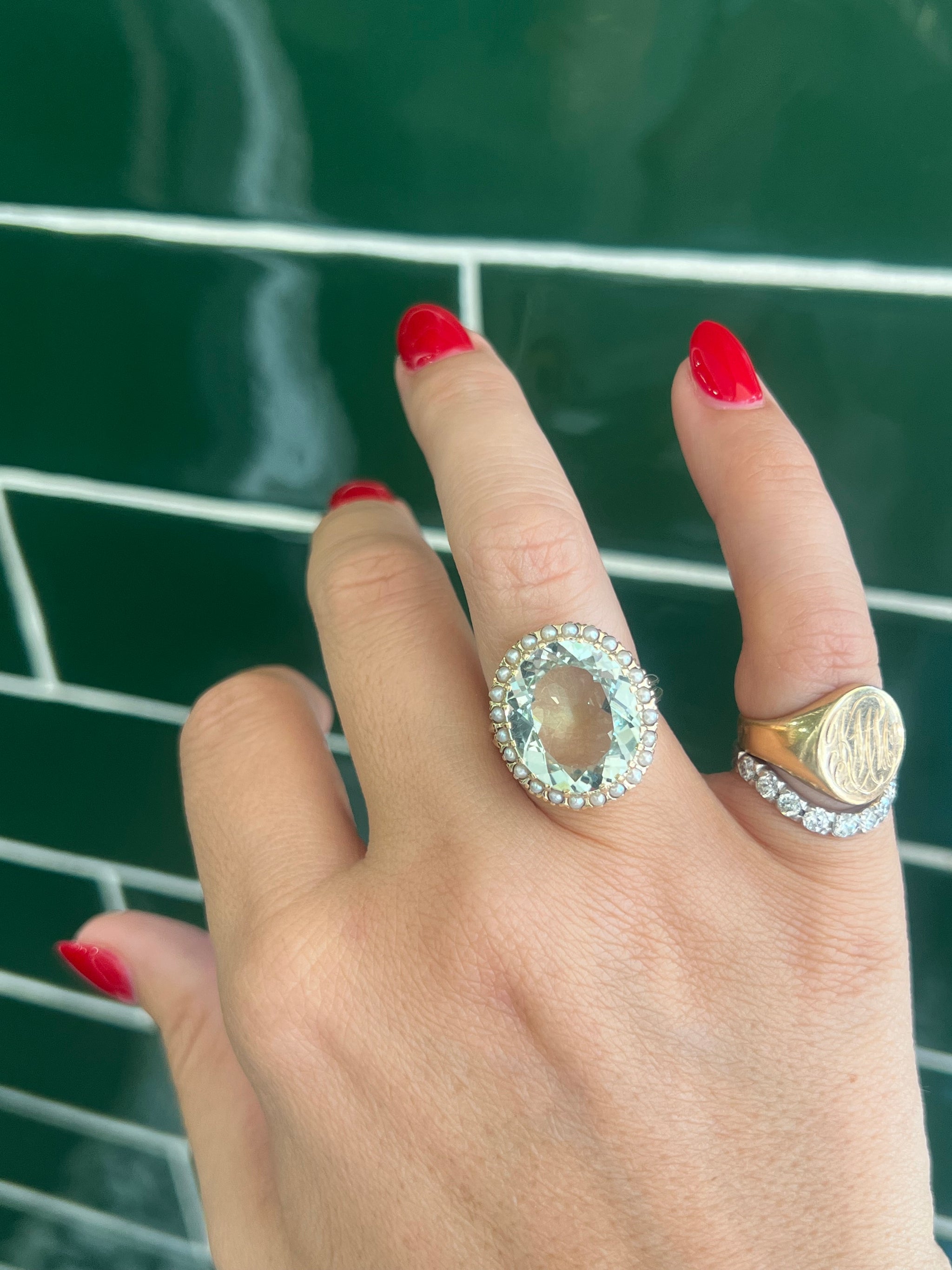 Green Amethyst and Seed Pearl Ring in 9ct Yellow Gold