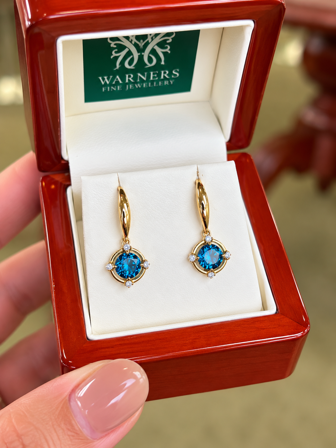 London Blue Topaz & Diamond Drop Earrings – 9ct Yellow Gold