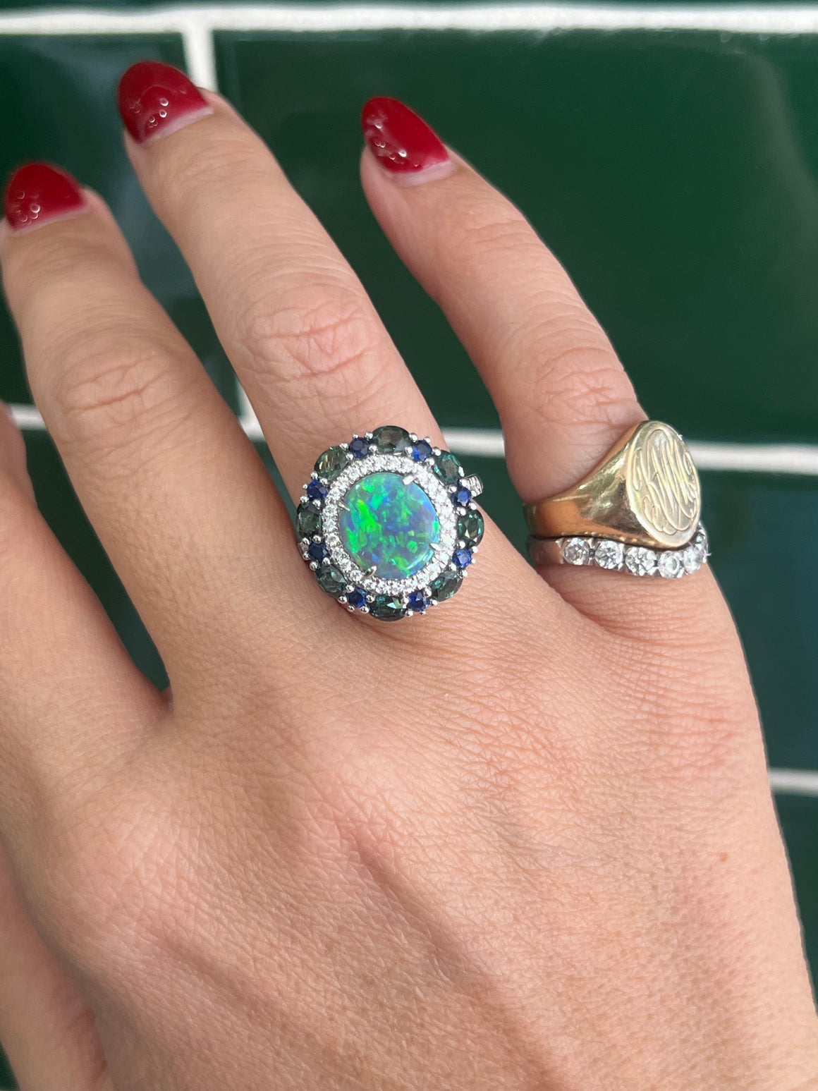 Black Opal, Sapphire and Diamond Ring in 18ct White Gold