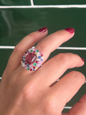 Rubylite, Diamond, Sapphire, Emerald and Ruby Ring in 18ct White Gold
