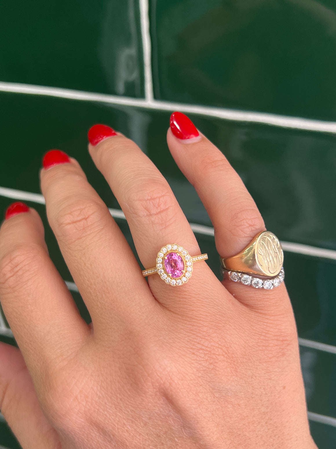 Pink Sapphire and Diamond Ring in 18ct Yellow Gold