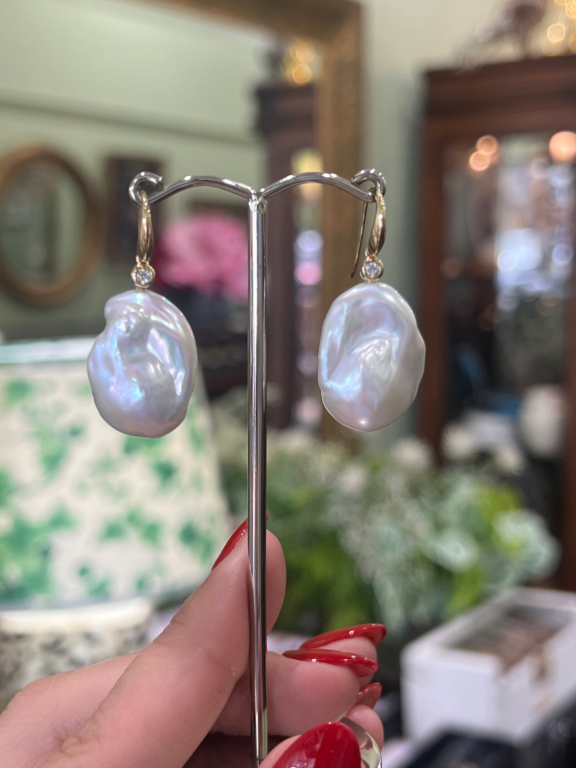 Baroque Pearl and Diamond Earrings in 9ct Yellow Gold