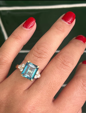 London Blue Topaz and Diamonds in 18ct Yellow Gold.