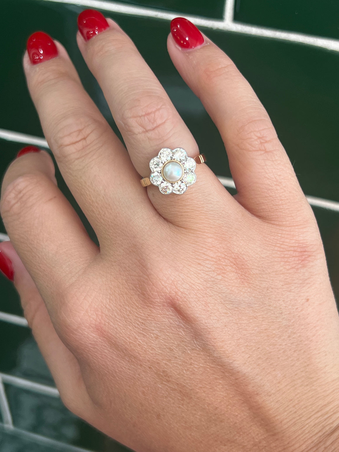 Pearl and Diamond Daisy Ring in 18ct Gold