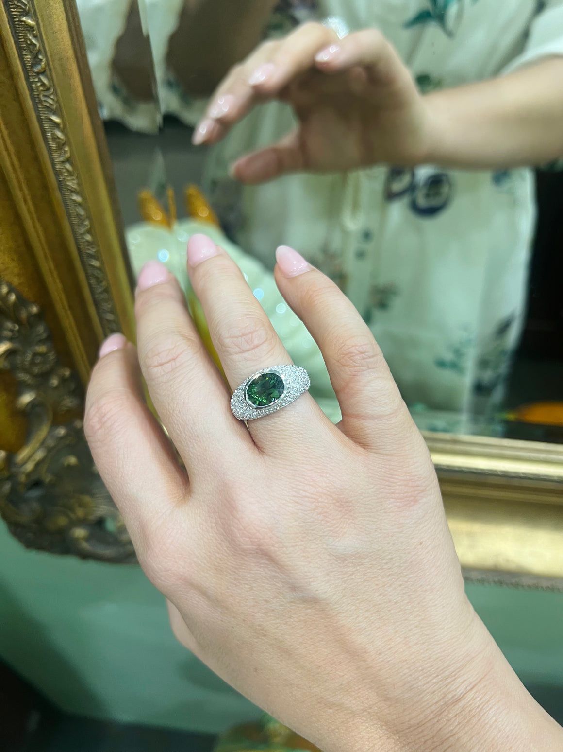 Green Tourmaline and Diamond Bombé Ring in 18ct White Gold