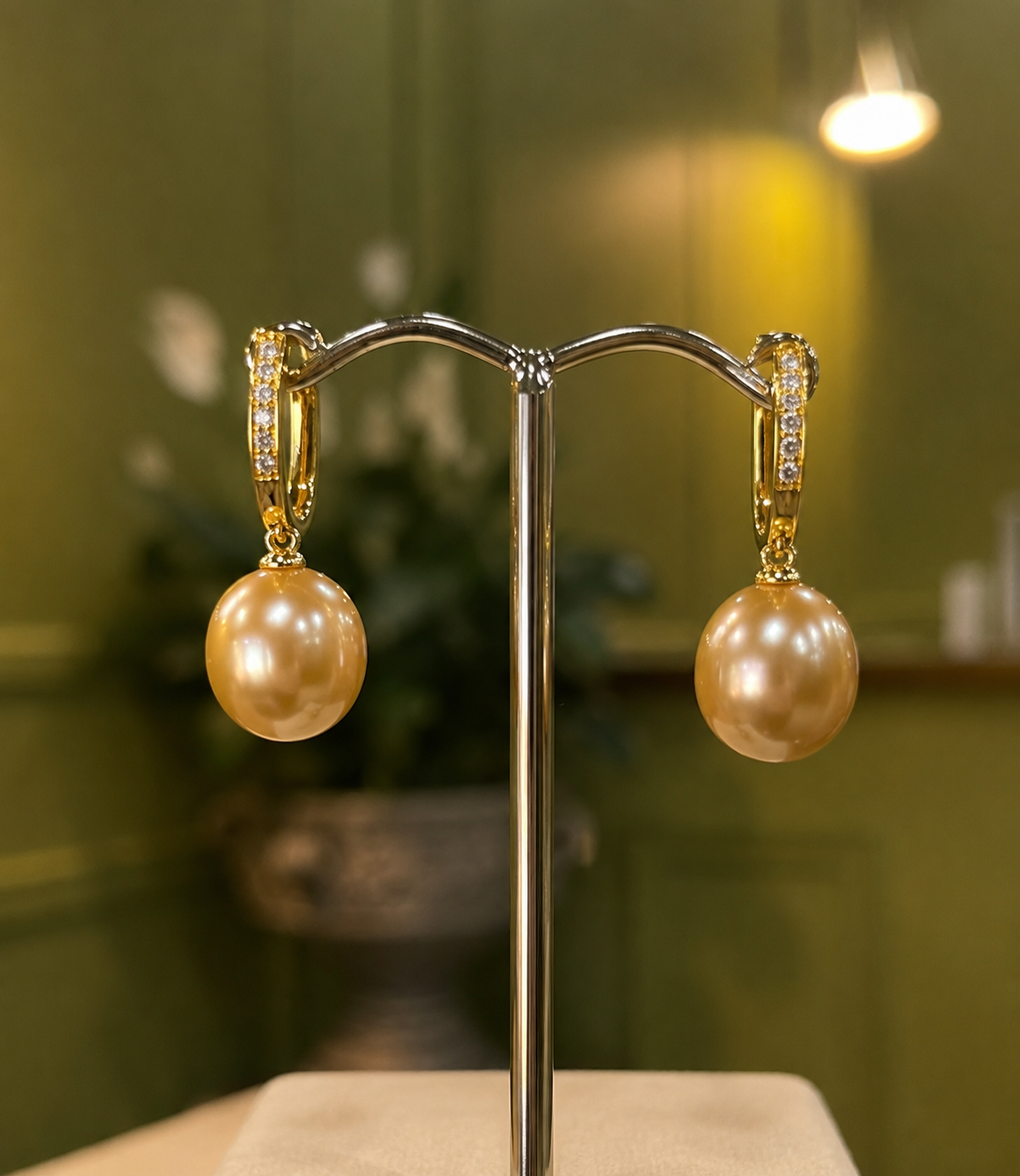 Golden South Sea Pearl and Diamond Earrings in 18ct Yellow Gold