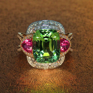 Green Tourmaline, Rubylite and Diamond Ring in 18ct Rose Gold