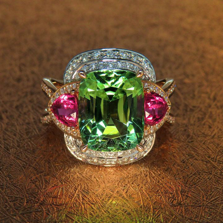Green Tourmaline, Rubylite and Diamond Ring in 18ct Rose Gold