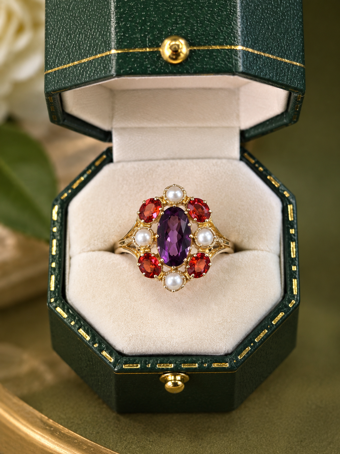 Amethyst, Orange Sapphire & Pearl Ring in Yellow Gold