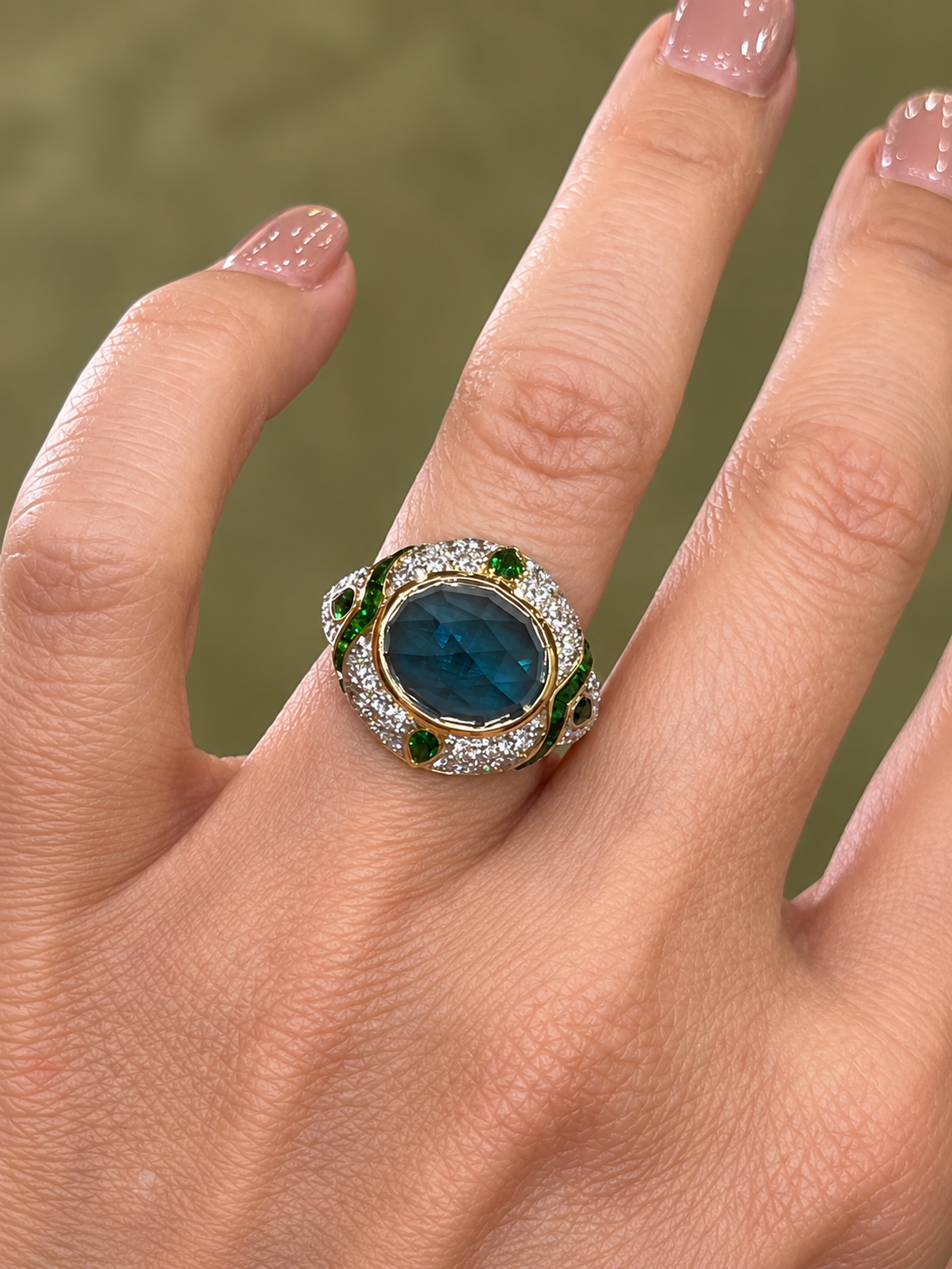 London Blue, Tsavorite Garnet and Diamond Ring in 18ct Yellow Gold