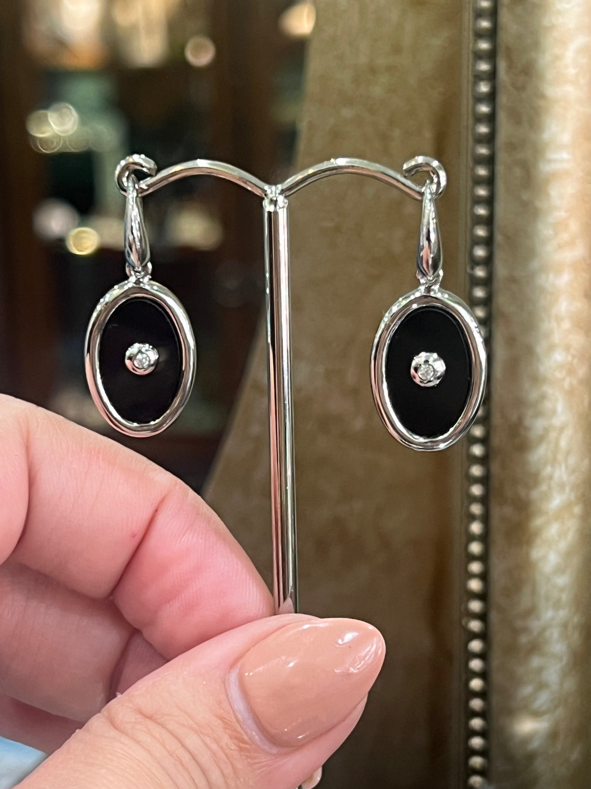 Onyx (oval) and Diamond Earrings in Sterling Silver