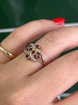 Garnet and Seed Pearl Ring in 9ct Yellow Gold