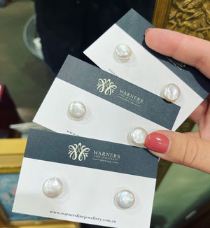 Round Coin Pearl Studs in Sterling Silver.