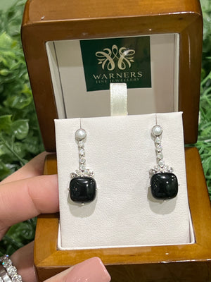 Onyx Pearl and Diamond Earrings in 9ct White Gold